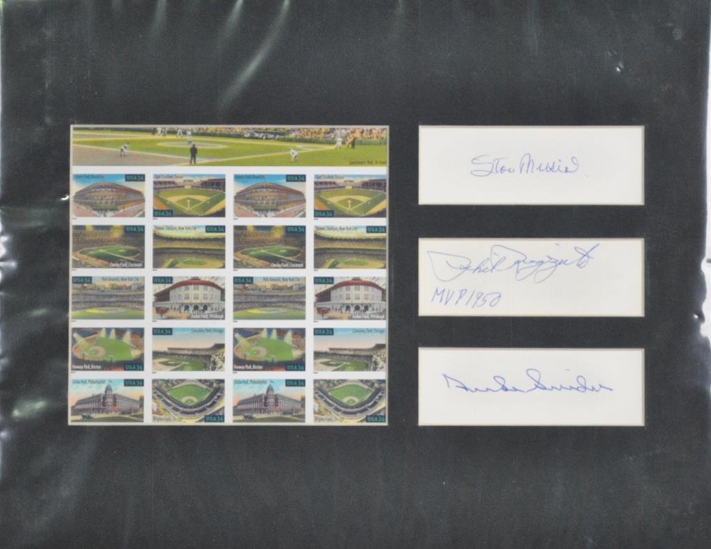 AUTOGRAPHS-STAN MUSIAL, DUKE SNIDER & PHIL RIZZUTO: each autograph signed in blue ink, matted together with a group that includes an uncirculated sheet of "Baseball's Legendary Playing Fields Postage Stamps", overall 11x14in., COA by AAH Autographs inc