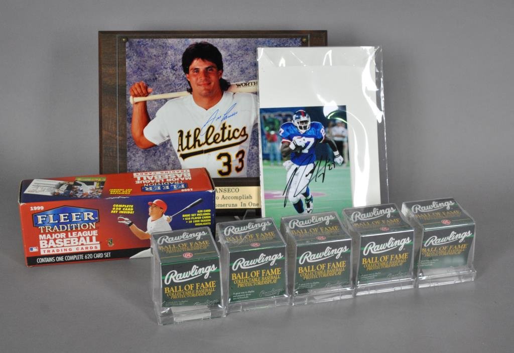 MULTI SPORTS COLLECTIBLE GROUP: includes 1999 Fleer unopened complete set of baseball trading cards, Jose Canseco autographed photo, NY Giants #27 Rodney Hampton autographed 7x5 photo, and 5 Rawlings baseball cubes