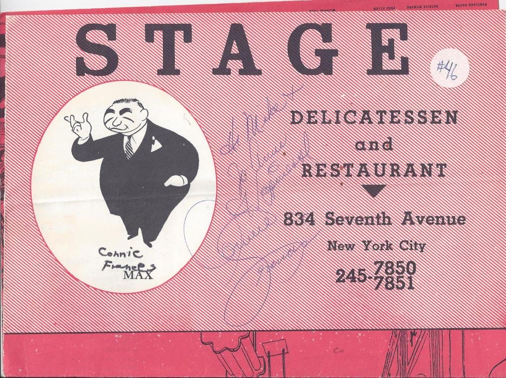 30+ CELEBRITY, SPORTS & POLITICAL AUTOGRAPHS: the majority signed on Stage Delicatessen & Restaurant cards and/or menus, including Joe DiMaggio, Joe Pepitone, Mohammed Ali, Danny Thomas, Buddy Hackett, Steve Rossi, OJ Simpson, Leslie Uggams, Ethe
