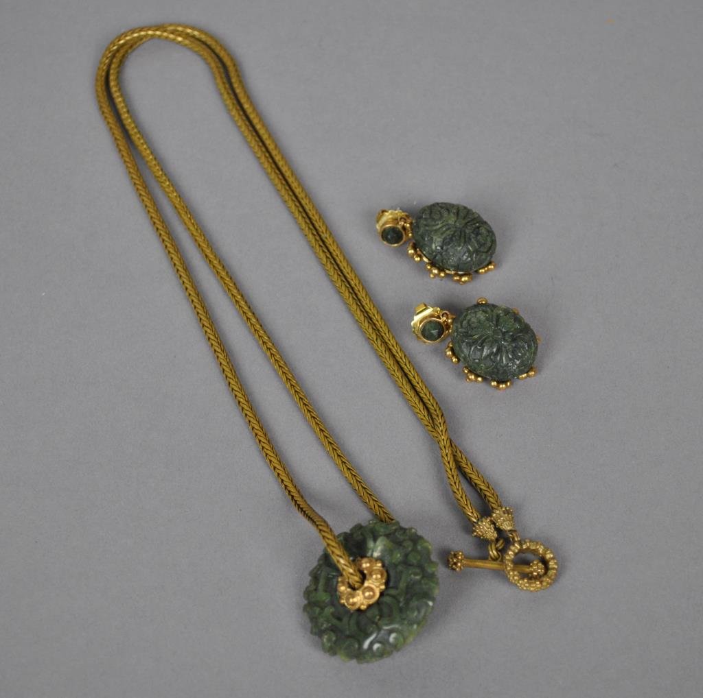 STEPHEN DWECK NECKLACE & PIERCED EARRING SET: in bronze with carved stones, necklace 31in., earrings 1.25in.