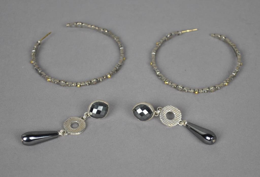 (2) PAIRS BOUTIQUE DESIGNER PIERCED EARRINGS: including a pair of Stephen Dweck sterling drop earrings and a pair of Konstantino 14K accented sterling hoop earrings, length each 2in.