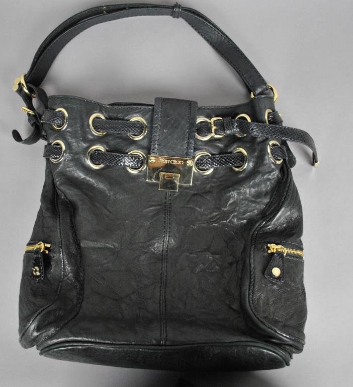 JIMMY CHOO BLACK LEATHER & SNAKESKIN RIKI HOBO BAG: 13x13in. (not including handle)