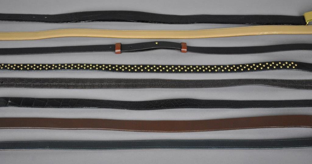 (8) DESIGNER BELTS: including Gucci brown leather, Coach black leather, Escada studded, Furla black leather, De Vecchi Caiman crocodile, and 3 Ferragamo examples
