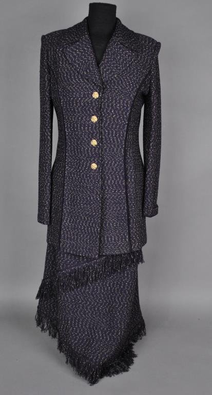 ST. JOHN COLLECTION 3-PIECE KNIT SKIRT SUIT: including a tweed jacket, width shoulder to shoulder 16.5in., length 31in., a tweed skirt with asymmetrical fringe bottom, elastic waist width 14in., length 35in., and a knit sweater shell