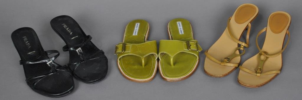 (3) PAIRS OF DESIGNER SANDALS: including a pair of green Manolo Blahnik flats, sz. 38, black Prada kitten heels, (no sz.), and tan Gucci kitten heels, 8 1/2B, all worn condition