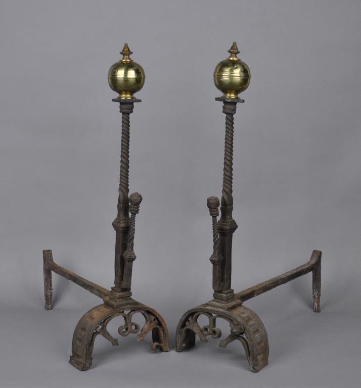 PAIR ANTIQUE ANDIRONS: likely Italian 18th century, wrought iron with later brass finials, 28in.