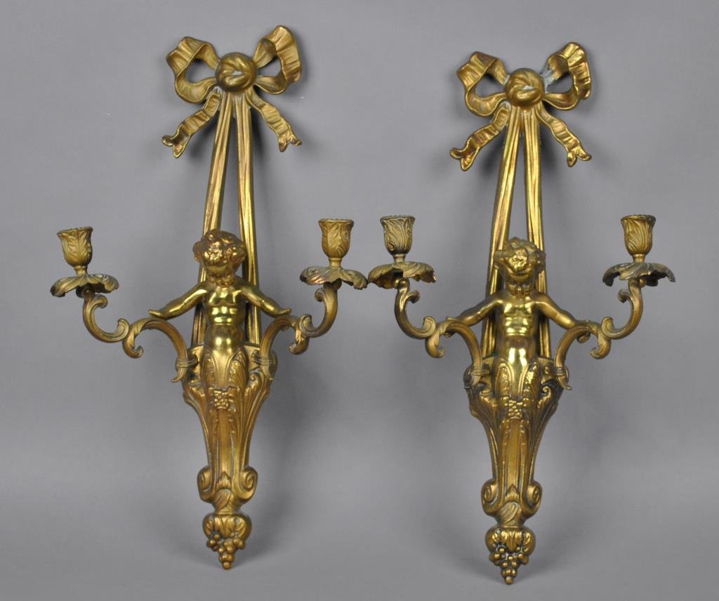 PAIR BRASS CHERUB FIGURAL WALL SCONCES