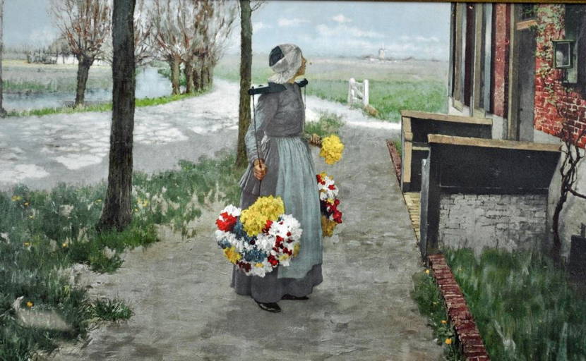 Vintage Color Lithograph Flower Girl In Holland