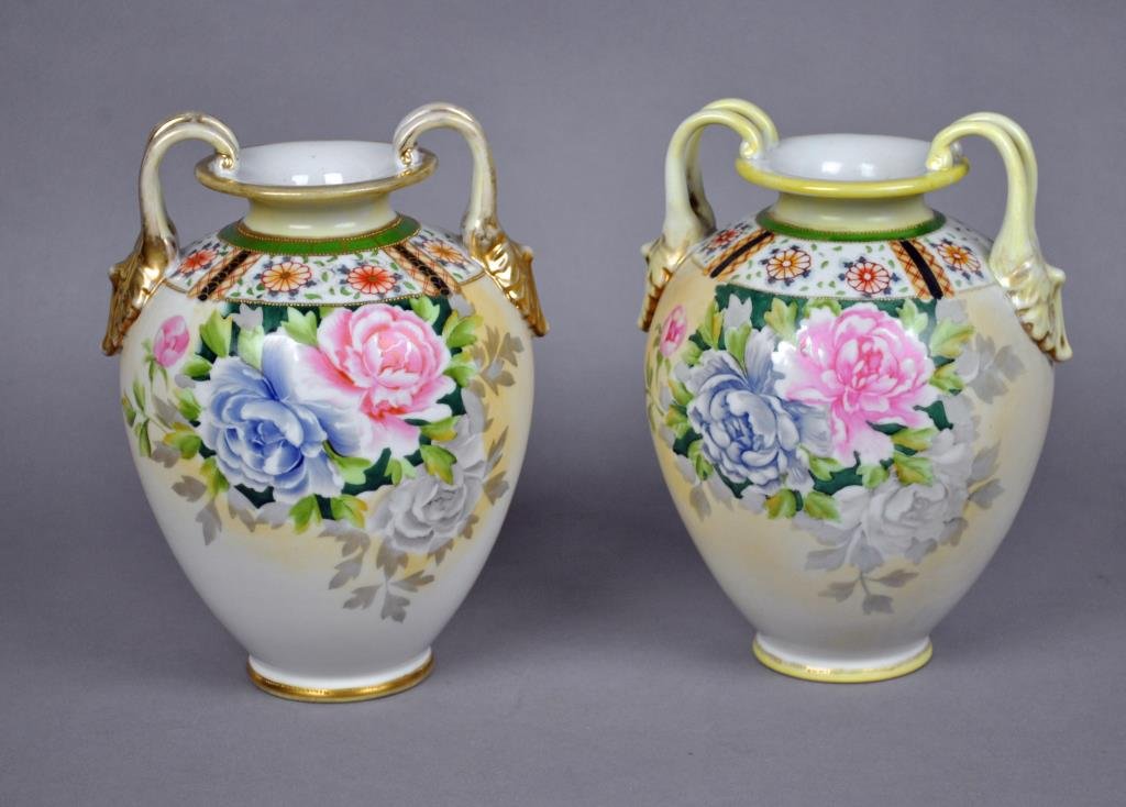 PAIR NIPPON FLORAL VASES: by Morimura Brothers, hand painted peonies, 9in., gilt wear