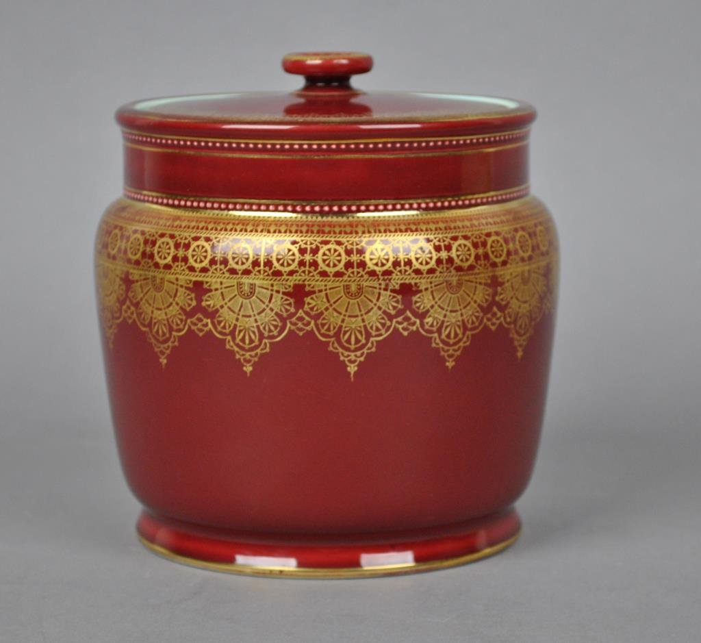 SARREGUEMINES FRENCH BISCUIT JAR: impressed under base, fine gilt decoration, blue glazed interior, 6in.