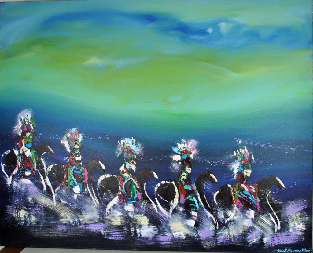 PABLO ANTONIO MILAN (American, 1961-): Mystic Warriors, acrylic on canvas, signed lower right, 48x60in.