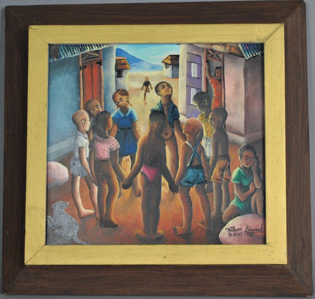 WILSON BIGAUD (Haitian, 1931-2010): a village scene with children, oil on masonite, signed lower right, dated August 31, 1985, 9x9.5in.