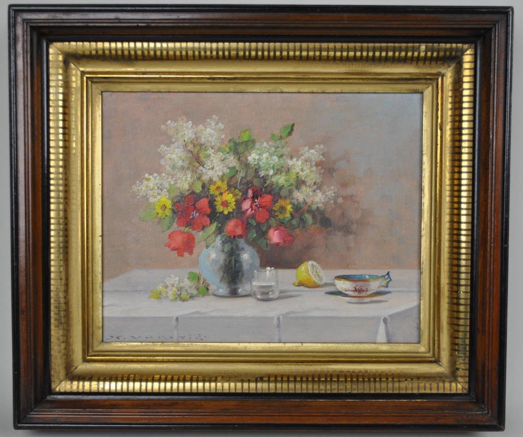 KEIST VUKOVIC (Czech Republic, 1920-1940): a floral still life with lemon, oil on board, signed lower left, 7.5x9.5in.