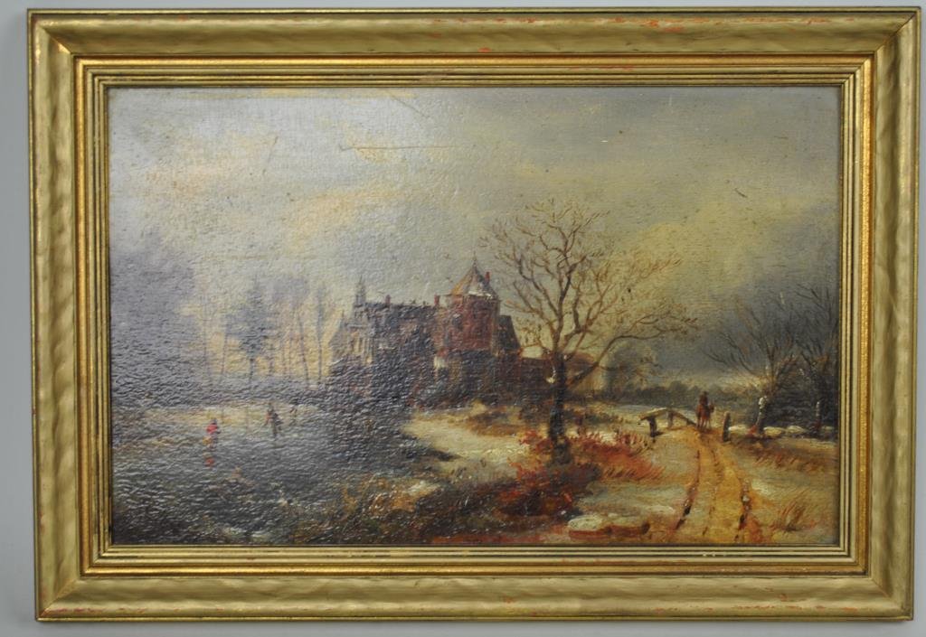 DUTCH SCHOOL, WINTER SCENE WITH SKATERS: 19th/20thC., a winter landscape with house and skaters, oil on board, 9x14in.