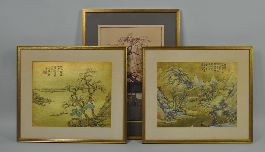 (3) ASIAN ARTWORKS INCLUDING TOSHI YOSHIDA: comprising a pencil signed Toshi Yoshida woodblock print titled 'Cherry Blossoms by the Gate', 15x9.5in., and a pair of watercolors over lithograph on gilt paper, 10x12in.