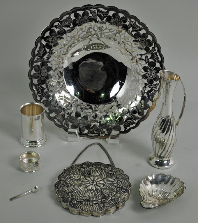 6-PIECE SILVER GROUP: including a 4" hanging repousse mirror marked 900, a pierced floral bowl, a ewer-form vase and a scalloped dish, all marked 800, a salt marked 84, and a small vase marked Sterling, 11ozt. weighable si