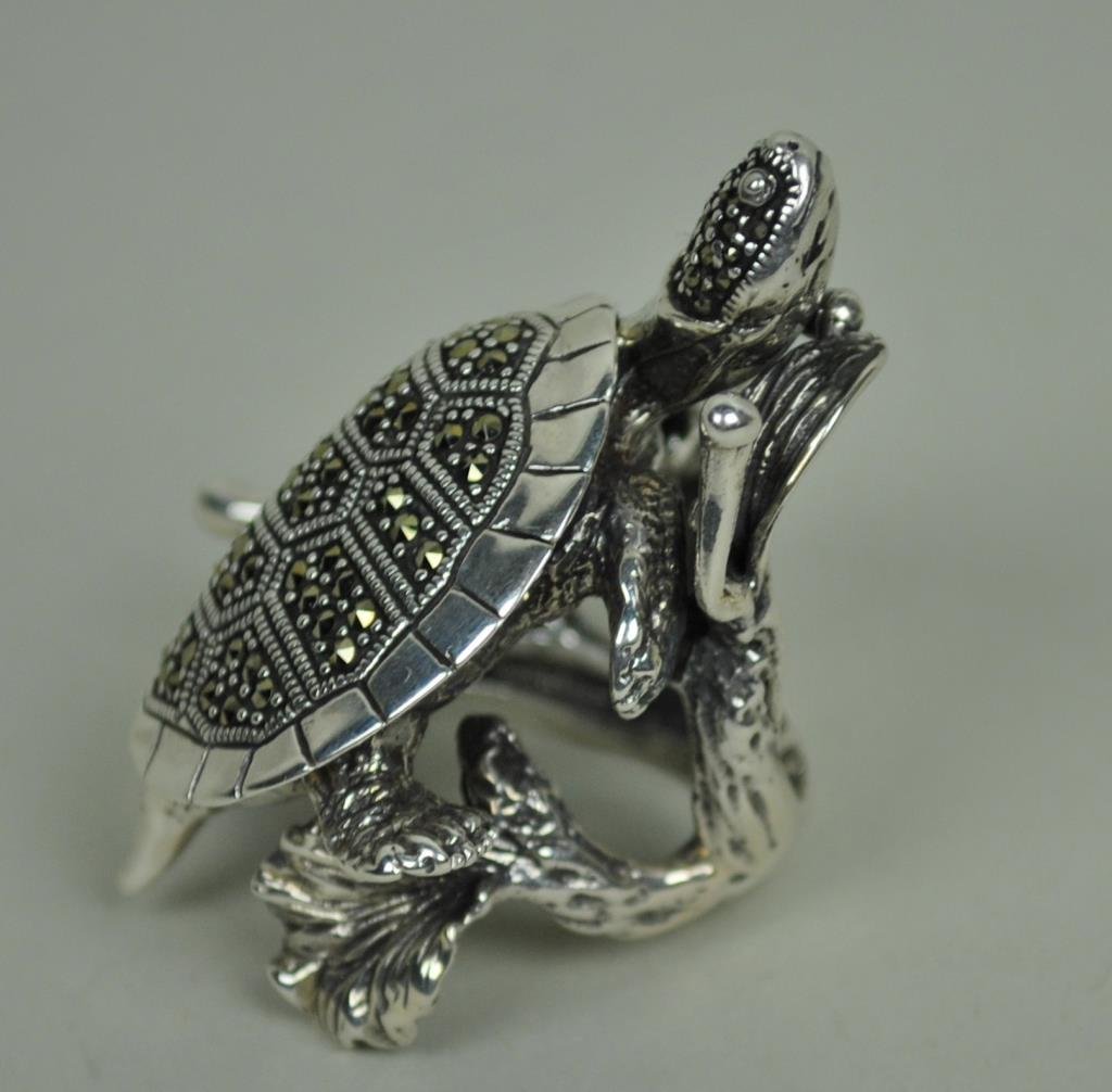 STERLING & MARCASITE TURTLE RING: branch form setting stamped 925, 2in.