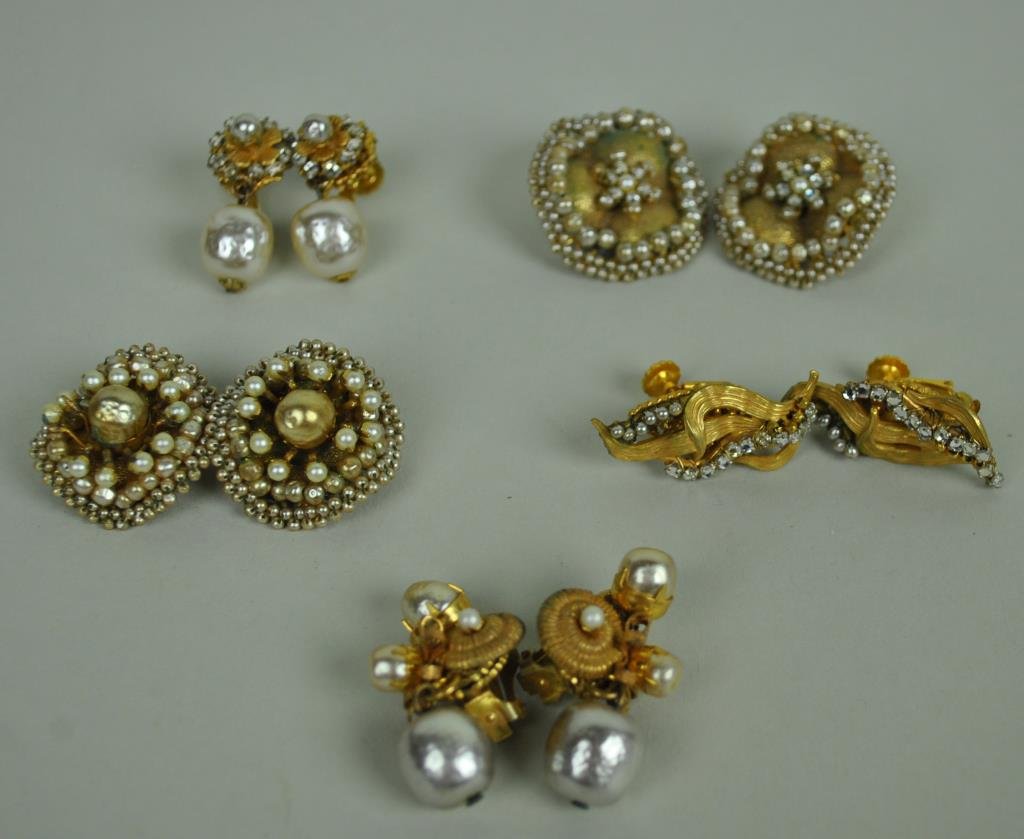 (5) PAIRS MIRIAM HASKELL EARRINGS: including faux pearl and rhinestone examples, earclips and screw backs, all stamped Miriam Haskell, largest 1.5in.