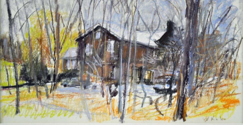 WOLF KAHN (German/American, b.1927): “House Among the April Trees”, pastel on paper, signed lower right, purchased Kornbluth Gallery, Fair Lawn, NJ, 7x15in.