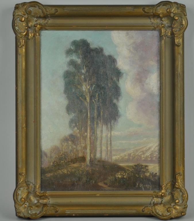 JULIUS JACQUES RORPHURO (California, 1861-1928): tall trees in a mountain landscape, oil on canvas board, signed lower right, 16x12in.