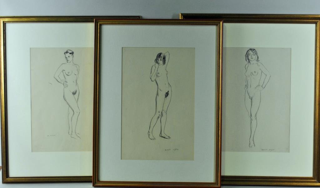 (3) MOSES SOYER SKETCHES - STANDING NUDES: graphite on paper, all signed, mainly 16x12in.