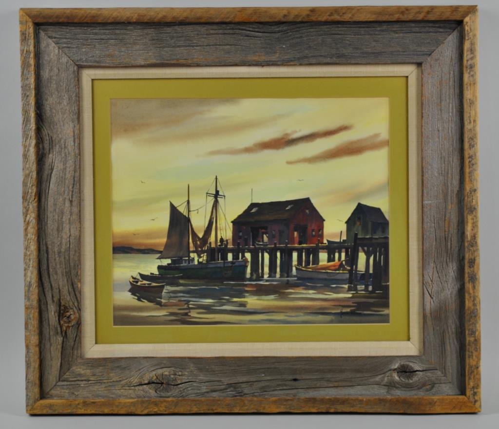 JOHN CUTHBERT HARE (Mass / Florida, 1908-1978): a harbor scene, watercolor, signed lower right, rustic driftwood frame, 14x17in.
