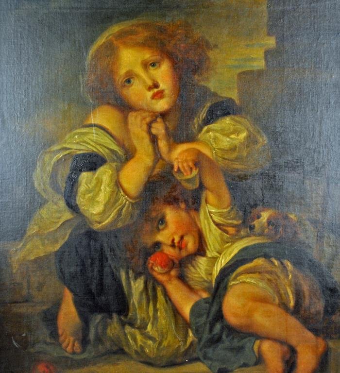 CONTINENTAL SCHOOL - CHILDREN WITH DOG: depicted in a classical scenic, early 20thC., oil on masonite, 38x30in., minor chipping to paint at lower right