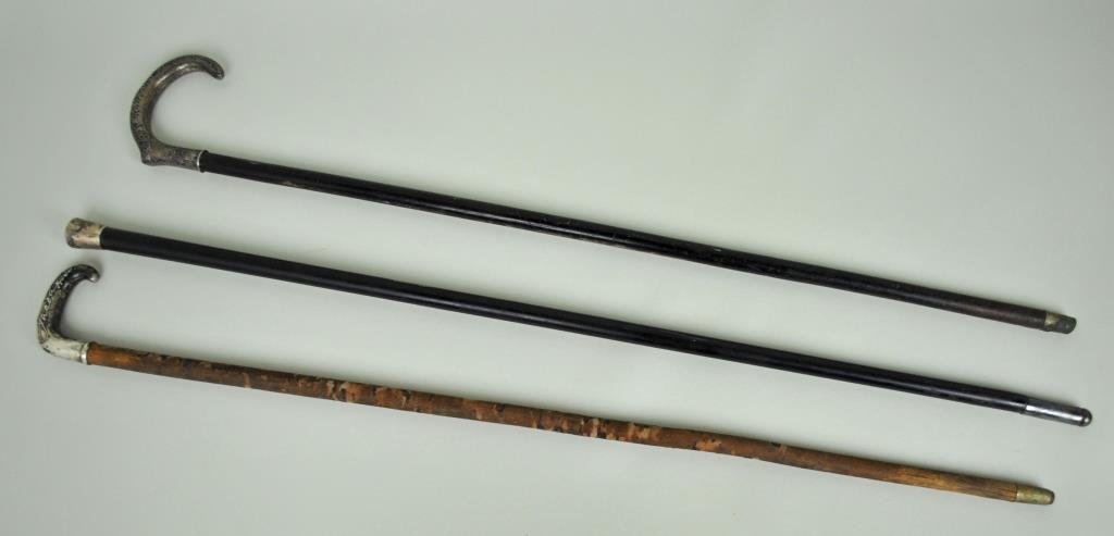 (3) STERLING HANDLED WALKING CANES: including a niello handle decorated in letters and vine motif with faint punch mark, a handle with name of Jacob Hess in relief, and a silver capped walking stick, both stamped sterling, each 36in.