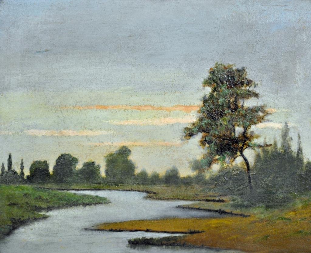 VINTAGE TONAL LANDSCAPE PAINTING: depicted with stream, oil on canvas, unsigned, 16x20in., cleavage and crazing, small patch to verso canvas