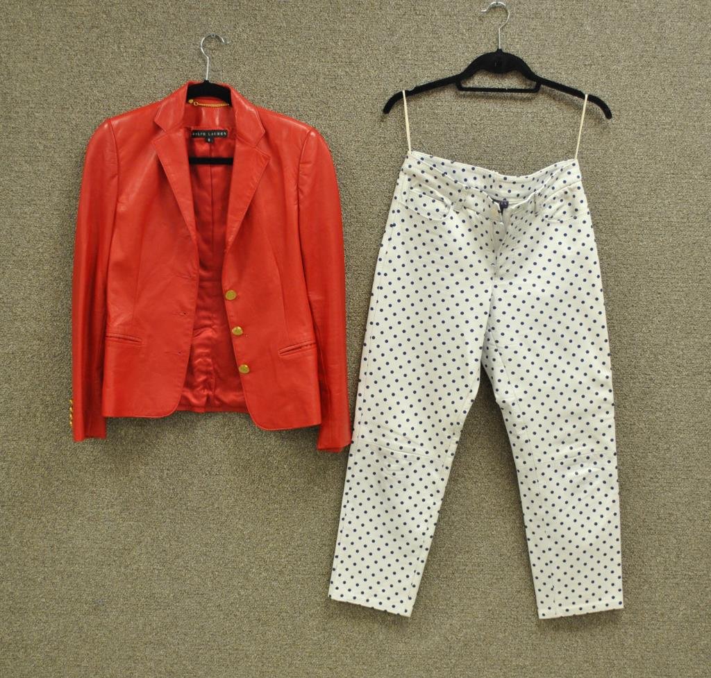 2-PIECE RALPH LAUREN LEATHER CLOTHING GROUP: including a red jacket with goldtone buttons, (one button needs to be re-sewn), length 24in, and a pair of white pants with blue polka dots, 35in., pants with Bergdorf Goodman label, both sz. 6