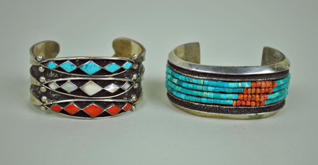 (2) NATIVE AMERICAN CUFF BRACELETS: one set with 4-strands of turquoise and coral beads, the other set with turquoise, mother of pearl and coral stones (some wear to niello), unmarked, largest width 1.25in.