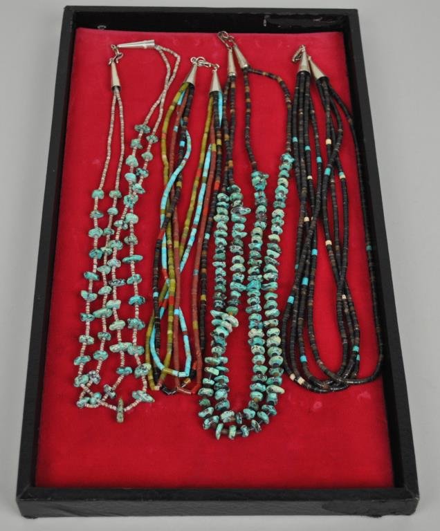 (4) NATIVE AMERICAN NECKLACES: including turquoise, olive shell, coral, etc., unmarked, longest 23in.