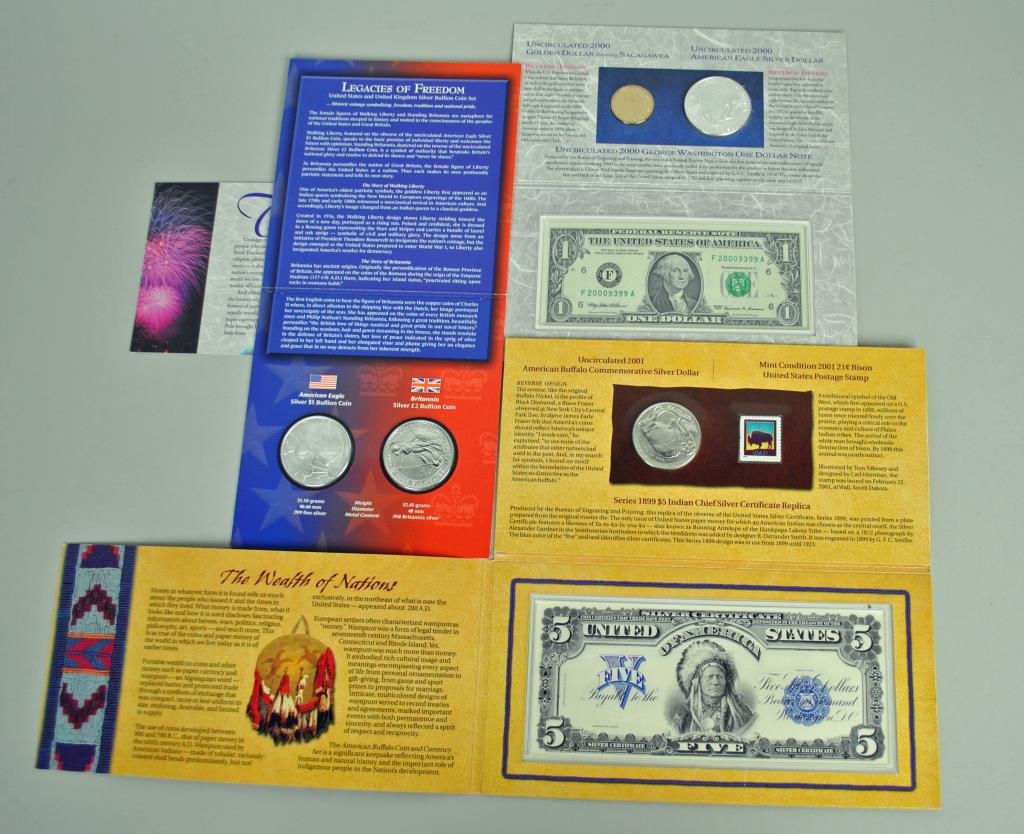 (3) US MINT COLLECTIBLE COIN SETS: includes a Legacies of Freedom set containing an American Eagle silver dollar and a UK 2 pound silver coin, a Millennium Coinage and Currency Set containing an uncirculated Sacagawea dollar coin, an u