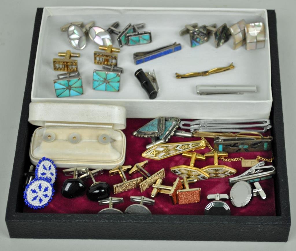 LARGE COLLECTION CUFFLINKS & TIE BAR GROUP: 40 pieces total, comprising 5 pairs of sterling cufflinks including mother of pearl, turquoise, and abalone examples, a pair of sterling abacus form cufflinks, 4 sterling tie bars, a 3-piece mother of