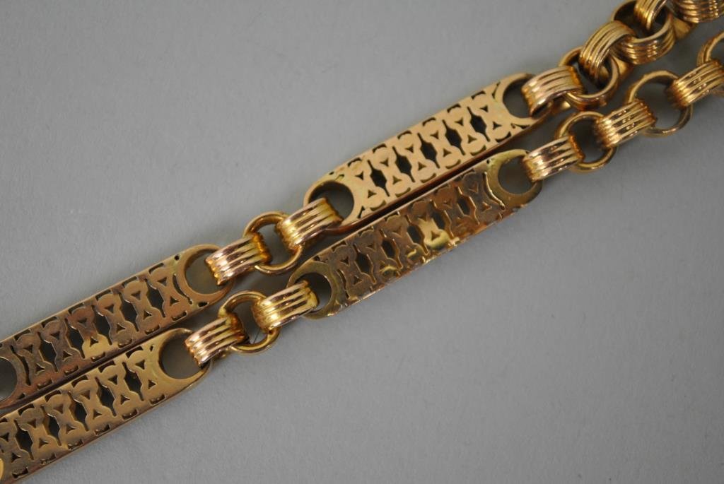 EDWARDIAN FANCY LINK NECKCHAIN: in yellow gold, tests 14K, 17in., 32.3gms., Estate Collection
