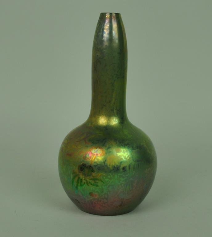 CLEMENT MASSIER IRIDESCENT ART POTTERY VASE: (1845-1917), 9.5in., in green, gold and bluish purple hues with chrysanthemum decoration, painted signature: 'CT MR Golfe Juan A.M.', minor glaze imperfections, typical light craze lines observed with