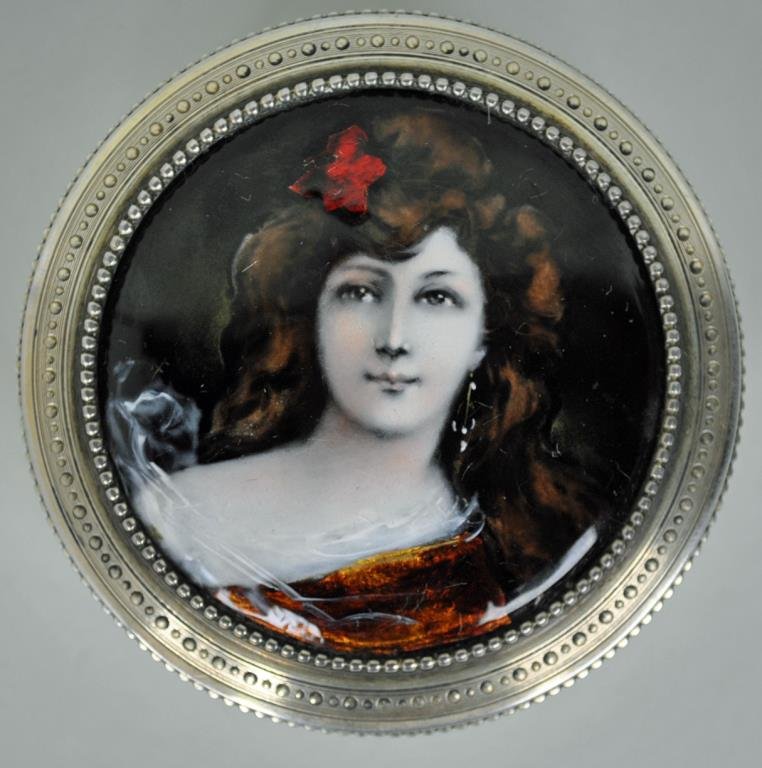 FINE FRENCH ENAMEL SILVER PORTRAIT BOX: circular box with vermeil interior, Minerva 925 mark, artist monogram HF, 1.25x3in., Estate Collection