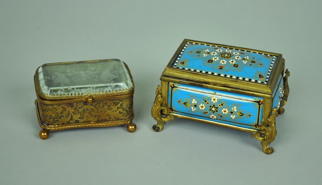 (2) ANTIQUE FRENCH JEWEL BOXES: including an enameled box (replaced lining), and an etched crystal and brass box (crystal flakes to the interior lid rim), largest 2.5x4in., Estate Collection