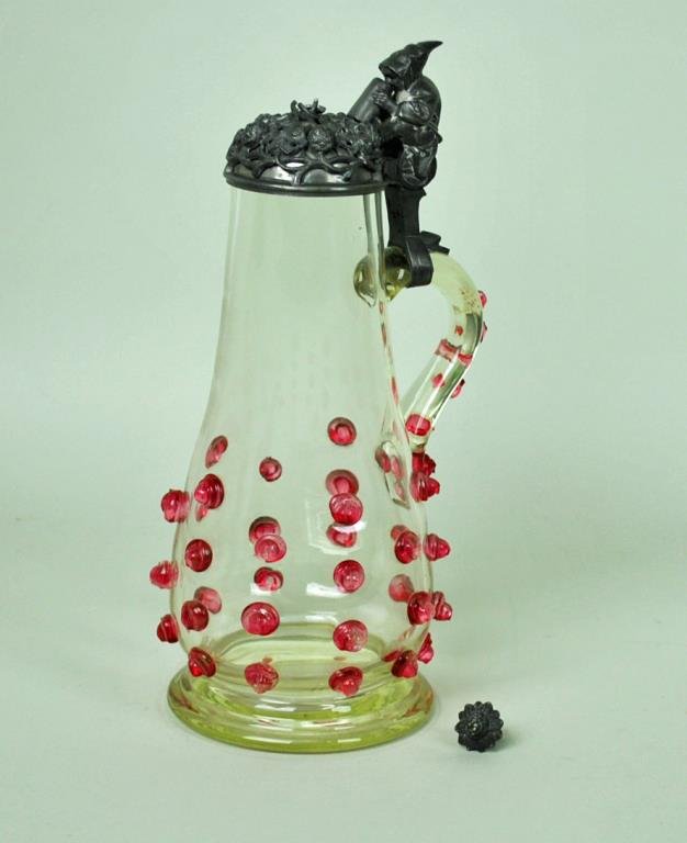 ANTIQUE PEWTER TOP PRUNT STEIN: 19thC., 13in., applied cranberry prunts, figural thumb lift, finial detached but present, Estate Collection