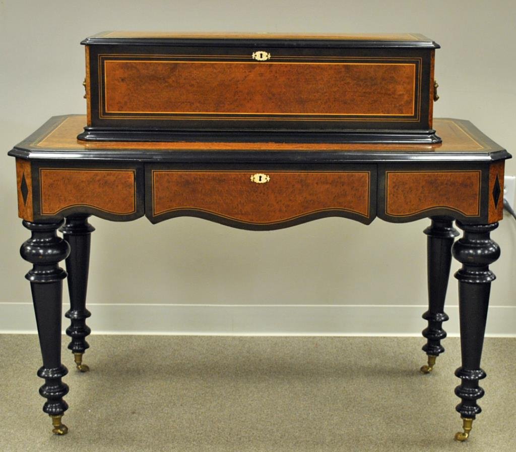 ANTIQUE SWISS MUSIC BOX ON STAND: burled wood cased music box on fully matching table with drawer, box lid with mother-of-pearl, brass & king wood inlaid medallion, inlay stringing to top, front and side panels, brass handles with fem