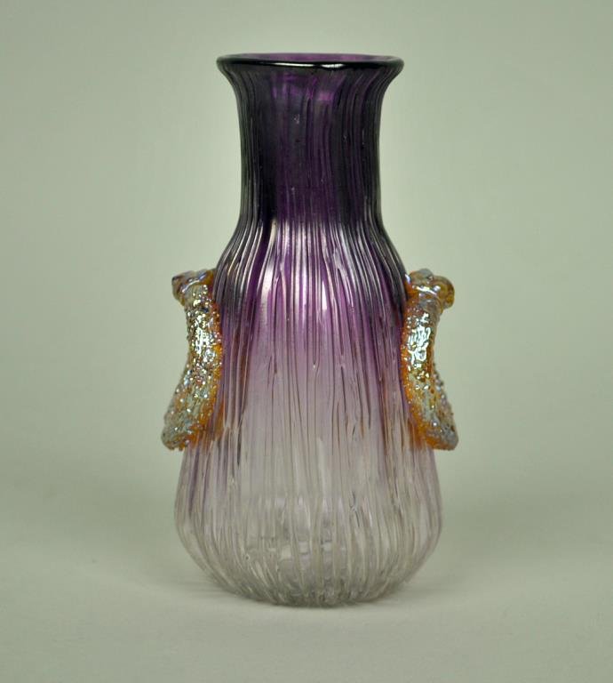 LOETZ MINIATURE RIBBED AMETHYST TEXAS VASE: amethyst to clear with applied iridescent wreath handles, polished pontil, 5.25in., base rubs