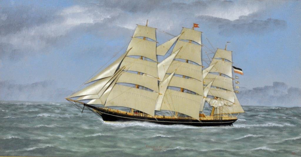 1917 DIORAMA OF A THREE MASTED SHIP: a highly detailed ship titled ‘Charles E. Hoffmann, Danzig 1917’ at bottom center, monogrammed WT or TW at bottom right, oil painted water and sky, fine silk or cotton sails, embroidery and string