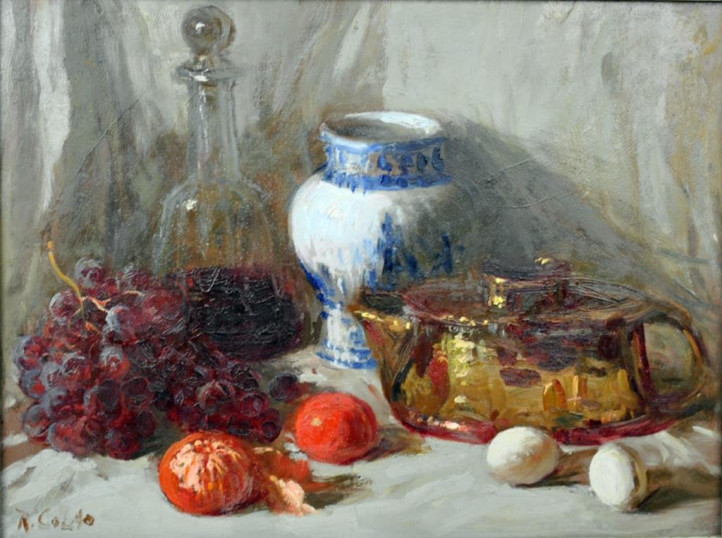 RUDOLPH COLAO (Mass. / Maine 1927-): a fruit and wares still life, oil on masonite, signed 'R. Colao' lower left, 12x16in.