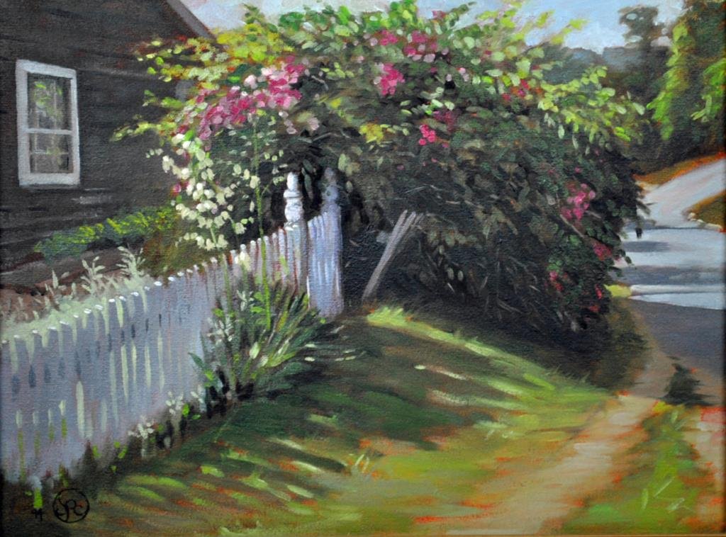 JOAN CLARK (Cape Cod, 20thC.): 'Rose Hedge', oil on canvas, signed and dated '94, 12x16in.