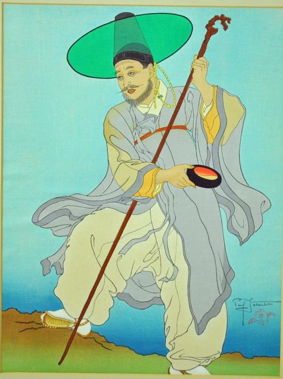 PAUL JACOULET WOODCUT - LE BONZE ERRANT COREE: (French, 1902-1960), pencil signed lower right with stamp, unframed, 15x11.5in.