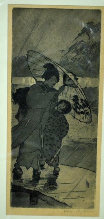 HELEN HYDE WOODBLOCK PRINT - A RAINY NIGHT: (California / Japan, 1868-1919), pencil signed and numbered 110, unframed, 12x5in.