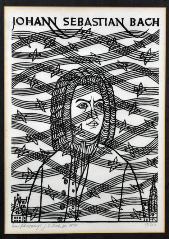 JACQUES HNIZDOVSKY WOODCUT - JOHANN BACH: (American, 1915-1985), 1971, pencil signed, dated and numbered 17/100, with personal note signed by the artist to Dr. Wishner citing the woodcut, 13x9in., from the Wishner estate