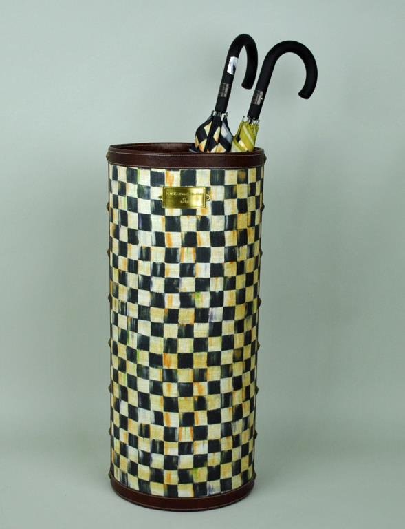 MACKENZIE-CHILDS COURTLY CHECK UMBRELLA STAND: 24x10in, together with two Courtly Check umbrellas (one with florals), 34in.