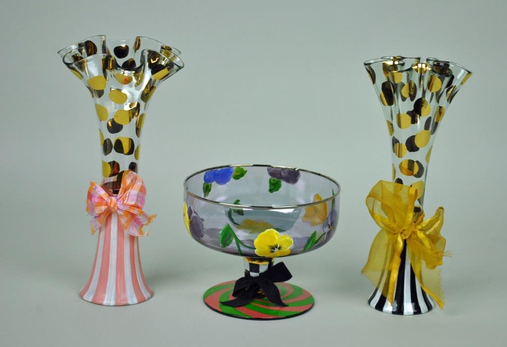(3) MACKENZIE-CHILDS CIRCUS GLASS TABLEWARES: including two Circus Clown vases, and a Circus Pansy compote, tallest 11in.