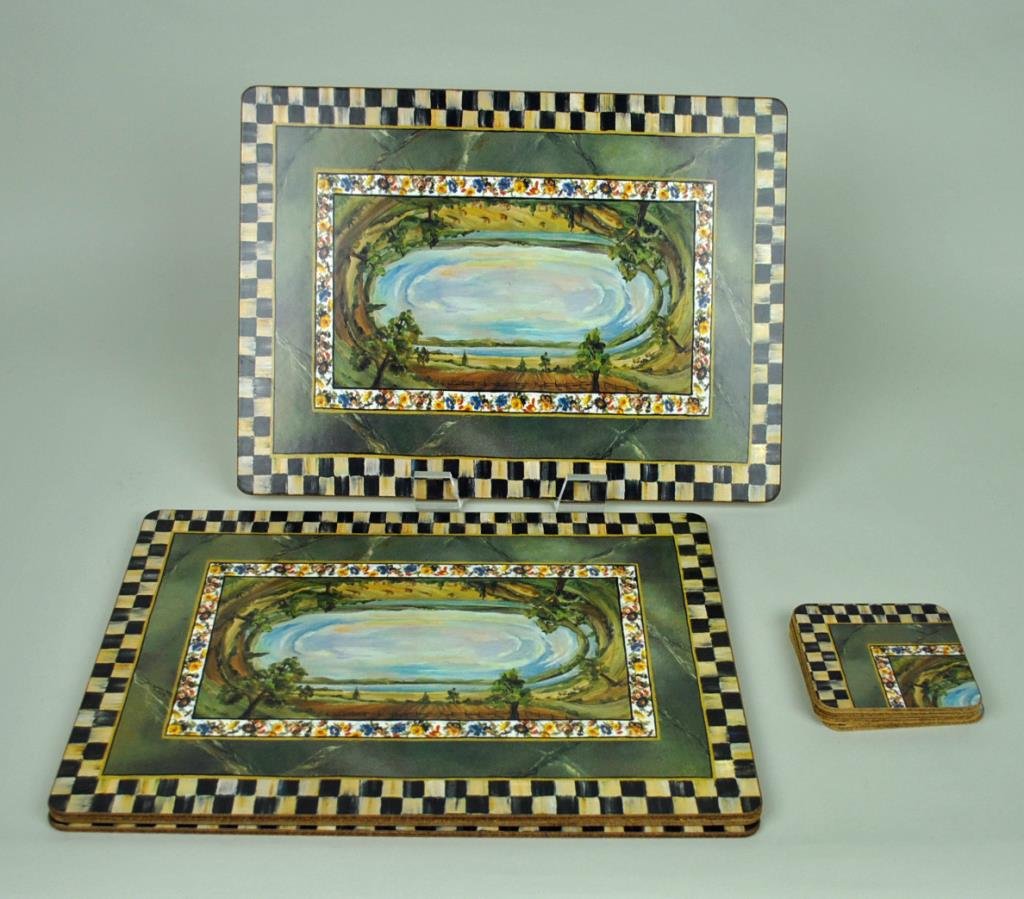 MACKENZIE-CHILDS PLACEMAT AND COASTER SETS: including a set of four Cloud Watching placemats, 16x12in., and a set of four Point of View coasters, 4x4in.